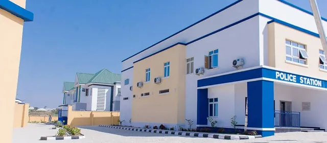 Police divisional headquarters in Ilorin, Kwara State, blue and white two-storey building